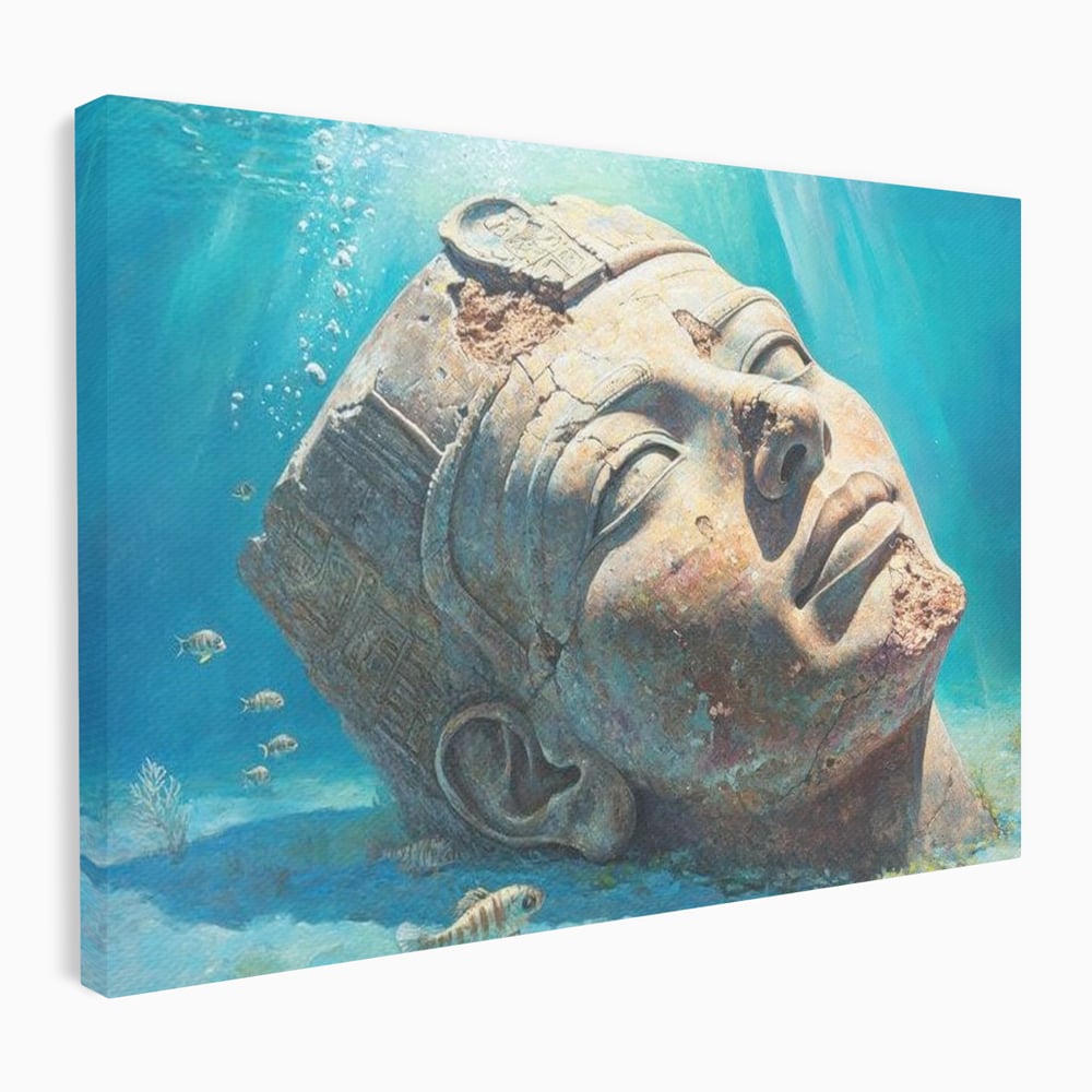 Tablou canvas cu cap de statuie faraonica scufundat, fara rama, pe sasiu de lemn